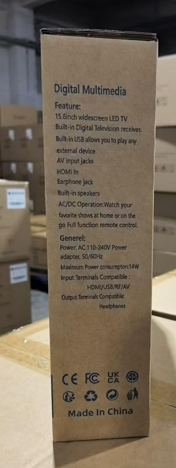 KCR Tragbarer Digitalfernseher, 12 V DVB-T2 TV, HDMI/AV/USB-Eingänge, Fernbedienung, 12 V Kfz-Ladege