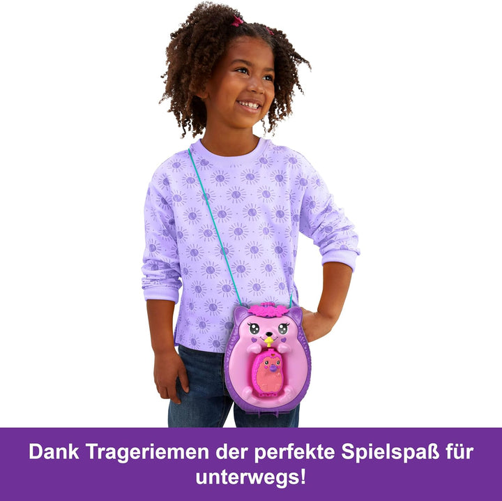 Polly Pocket 2-in-1 Reisespielzeug mit 2 Mikropuppen und 16 Accessoires, Igel-Handtaschen-Spielset,