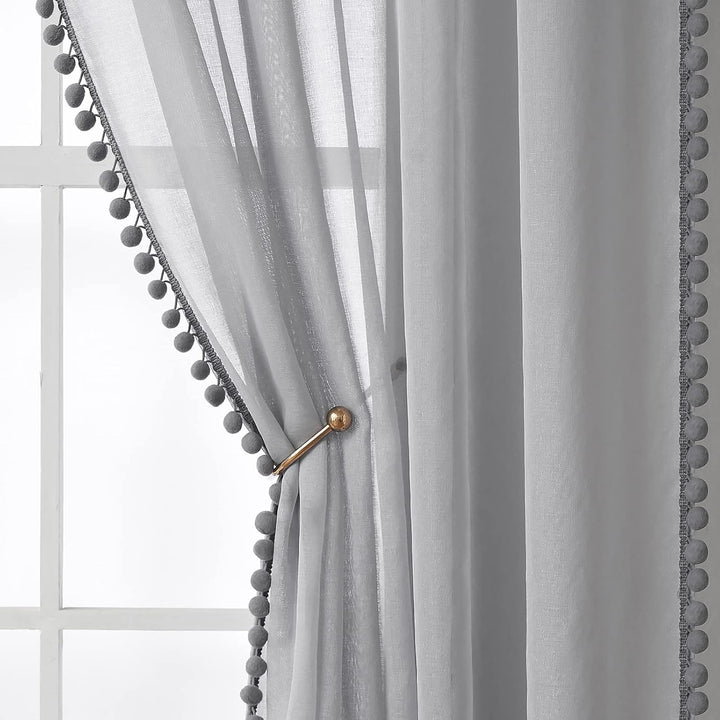 MIULEE Gardinen mit Pompons-Hübsche Grau Transparent Gardinen für Kinderzimmer Mädchen, 2 Stücke Vor