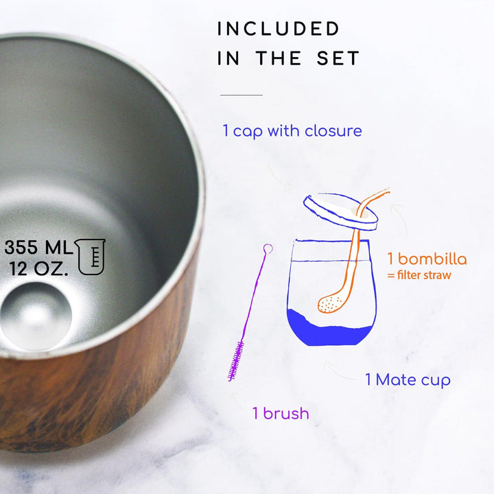 Set Tasse Yerba Maté | Argentinien | Kalebasse + Bombilla Strohhalm + Deckel | ideale Trinkflasche z