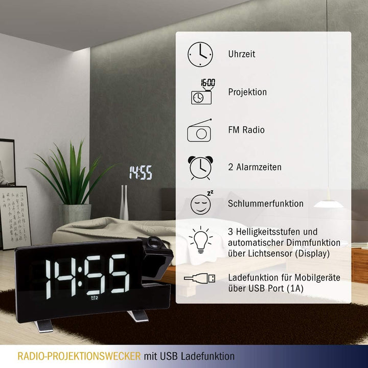 TFA Dostmann Wecker mit Projektion, 60.5015.02, inkl USB Ladefunktion, FM Radio, mit 2 Weckalarmen,