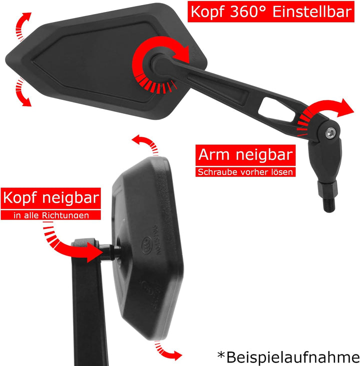 Area1 Universal Motorrad Rückspiegel Paar e-geprüft 2x M10 Rechtsgewinde + Linksgewindeadapter, pass