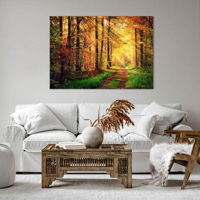 Bilder auf Leinwand 100x70cm Leinwandbild mit Rahmen Wald Baum Natur Gross Wanddeko Bild Schlafzimme