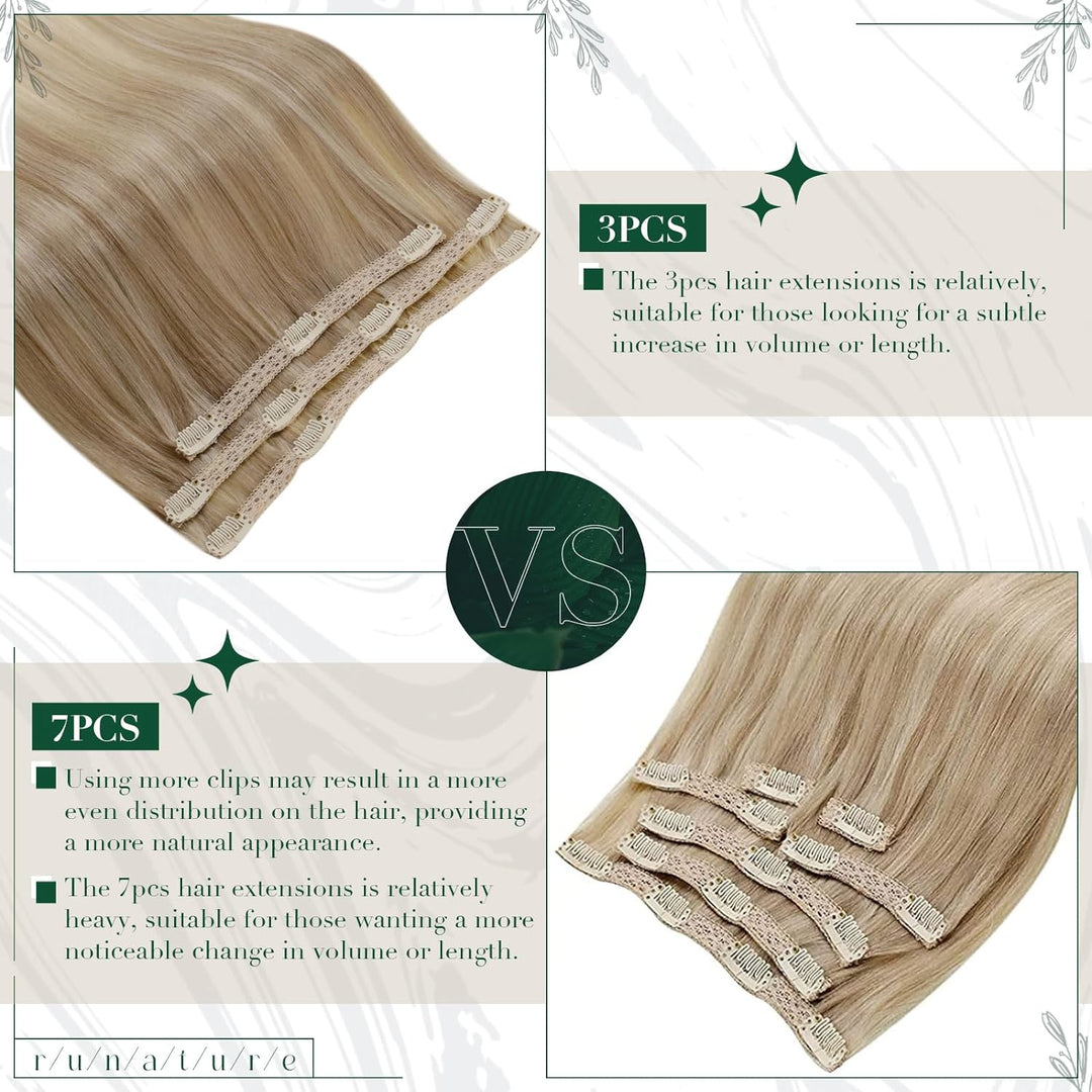 RUNATURE Clip in Extensions Echthaar Dunkel Aschblond mit Goldblond Clip in Haarextension Echthaar C