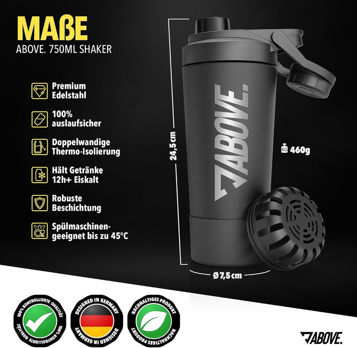 ABOVE. Protein Shaker Edelstahl 750ml, doppelwandig isoliert, Schwarz | Eiweissshaker hält 12h kalt/
