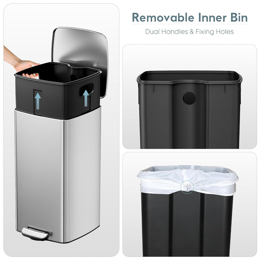 LIFERUN Mülleimer 30L aus Stahl, rechteckiger Abfalleimer mit Soft-Close-Deckel, Pedal und Inneneime