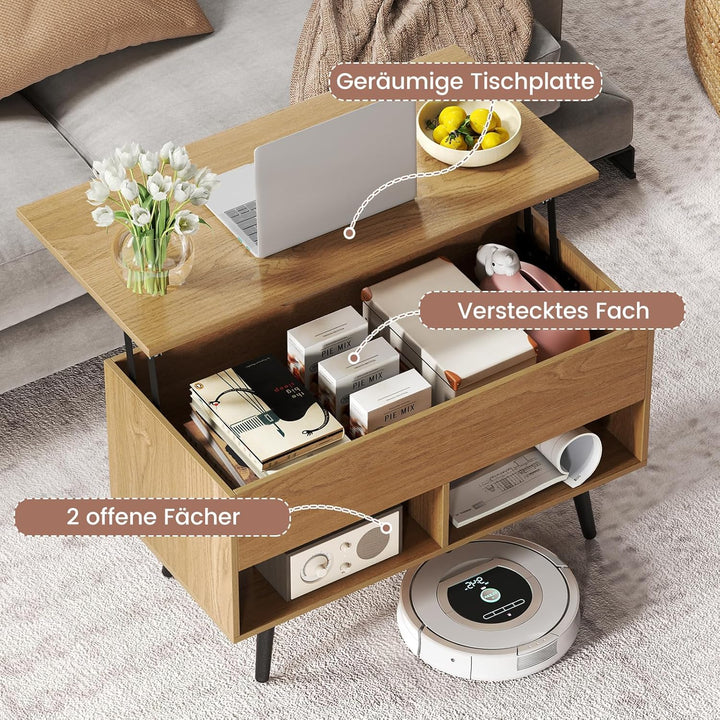 COSTWAY Couchtisch höhenverstellbar, Sofatisch mit anhebbarer Tischplatte & 2 offenen Regalen, auszi