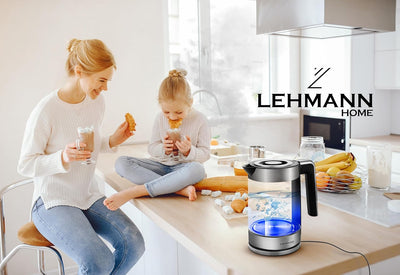 Lehmann LHOEK-2220B elektrischer Wasserkocher aus Glas 2200W, 1,8L Glas-Wasserkocher mit LED-Beleuch