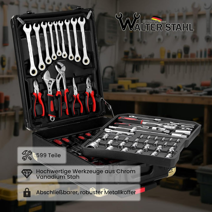 WALTER STAHL Werkzeugkoffer gefüllt 599 tlg | Werkzeugkasten | Aluminiumkoffer | Werkzeug Set | für