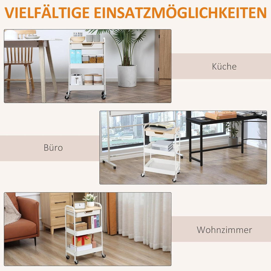 HOMCOM Rollwagen mit 3 Ebenen, Servierwagen mit Griff, Küchenregal auf Rollen mit Ablage, Schublade,