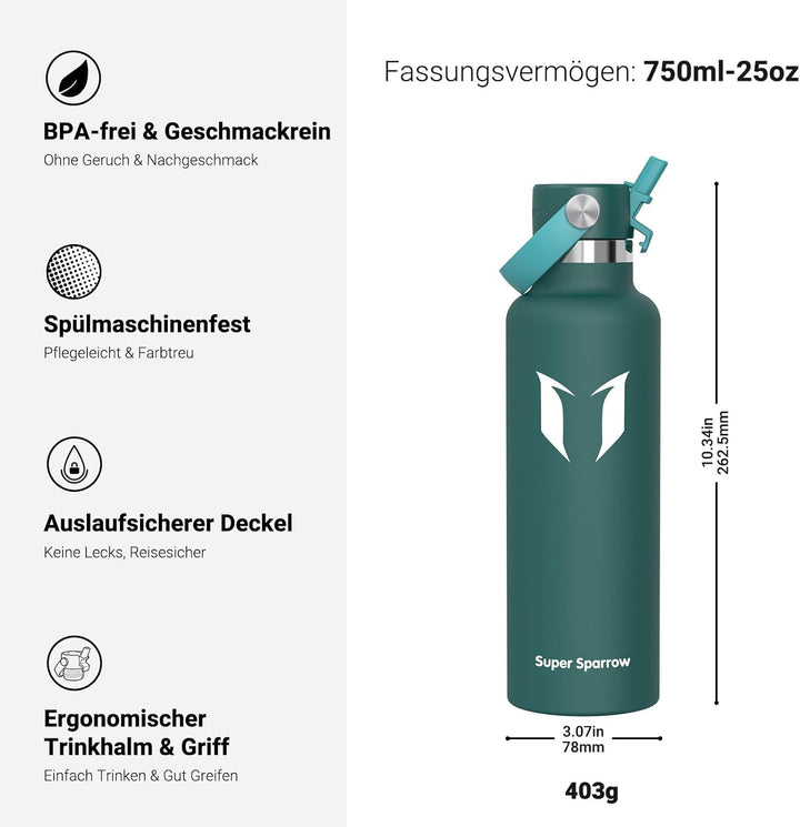 Super Sparrow Trinkflasche Edelstahl - Thermobecher - 350ml, 500ml, 750ml, 1L - FlipFlow Trinkflasch