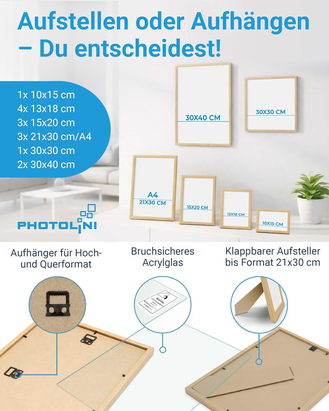 PHOTOLINI Bilderrahmen Set verschiedene Grössen, 14 Bilderrahmen Holz MDF Natur, Bilder Rahmen mit A