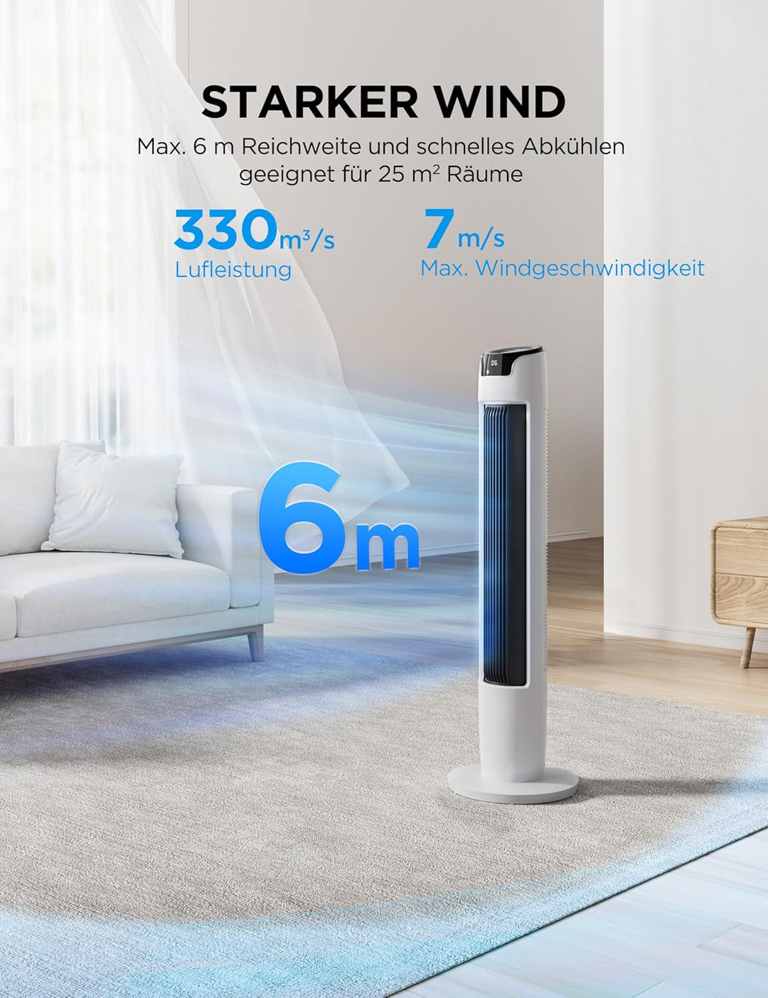 Midea FZ10-16AR Turmventilator mit Fernbedienung 110 cm,Standventilator mit Oszilation 60°,6 Geschwi