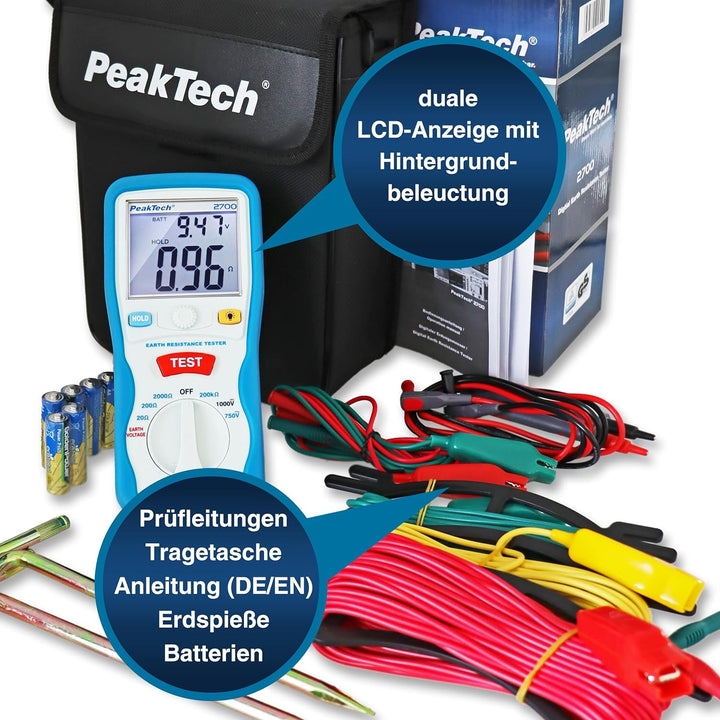 PeakTech P 2700 2700 - Digitales Erdungsmessgerät mit beleuchtetem Dual LCD-Display & 2 Erdungsstäbe