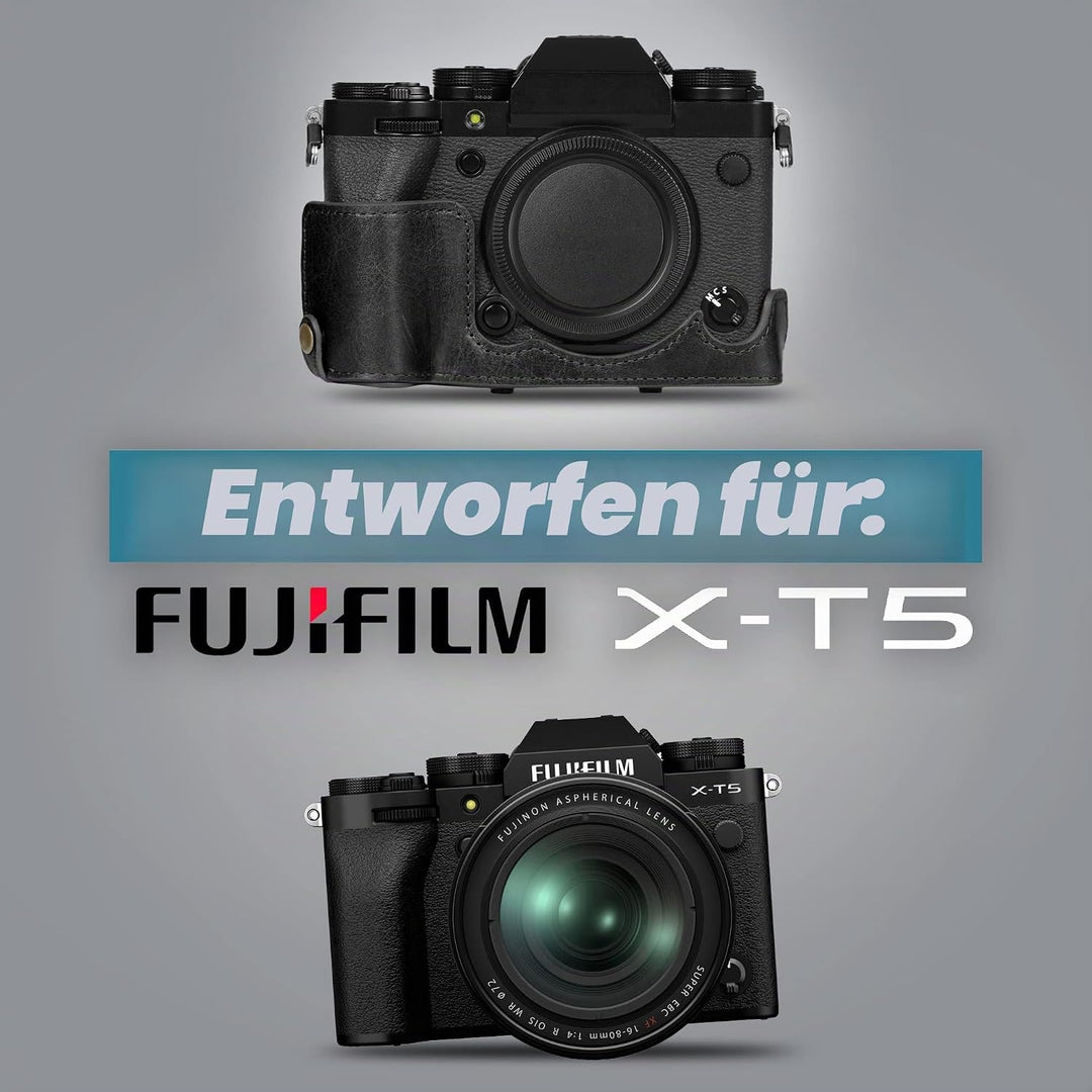 MegaGear Ever Ready Echtleder Kameratasche kompatibel mit Fujifilm X-T5 (16-80mm)(Schwarz), Schwarz