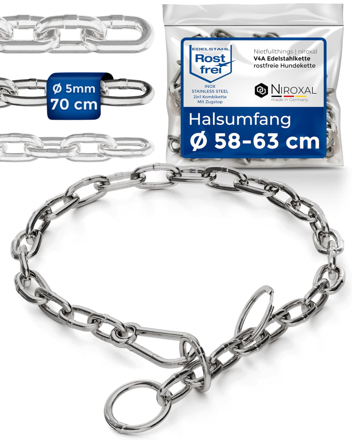 rostfreie Kombikette für Hunde - das ORIGINAL mit Zugstop - Edelstahl Hundekette Kettenhalsband kurz