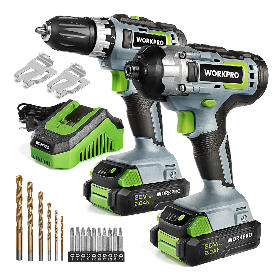 WORKPRO 2tlg. Akkuschrauber Schlagschrauber Set 20V 2,0Ah, 2 Akku und Ladegerät inkl. mit 6tlg. Bohr