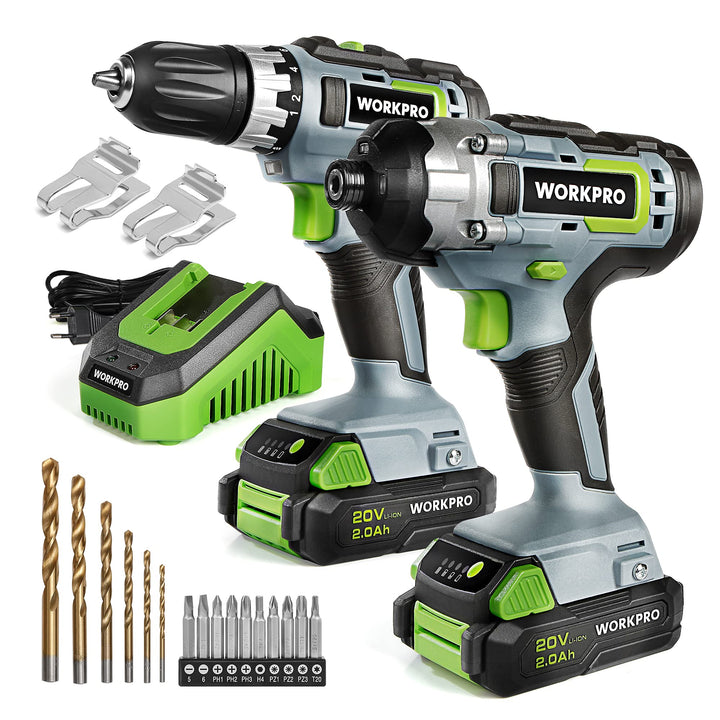 WORKPRO 2tlg. Akkuschrauber Schlagschrauber Set 20V 2,0Ah, 2 Akku und Ladegerät inkl. mit 6tlg. Bohr