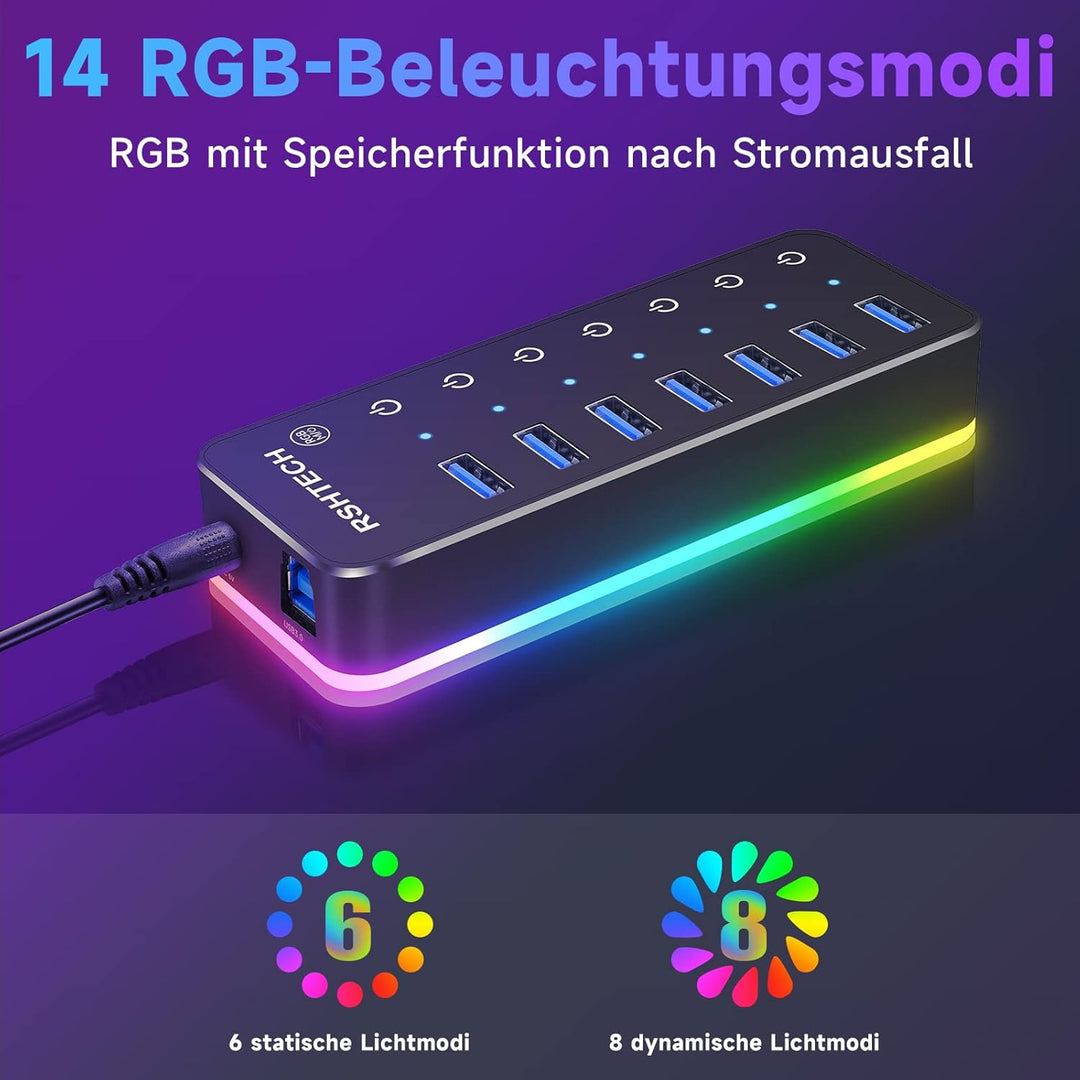 USB Hub Aktiv 3.0 mit Netzteil, RSHTECH 7-Port RGB USB 3.0 Hub Aluminium, 14 RGB Beleuchtungsmodi, 2