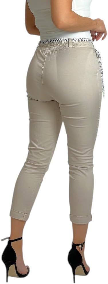Mississhop Damen Baumwolle Klassische Chino Hose mit Gürtel L Beige, L Beige