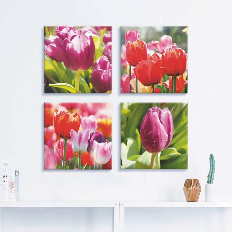 ARTLAND Leinwandbilder auf Holz Wandbild Bild Set 4 teilig je 40x40 cm Quadratisch Natur Blumen Tulp