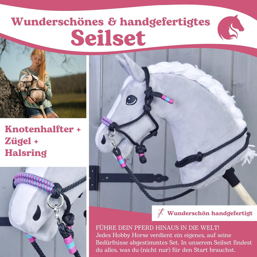 LarDen Hobby Horse Zubehör SeilSet - Halfter mit Zügel & Halsring für Grösse M Steckenpferd - Prinze