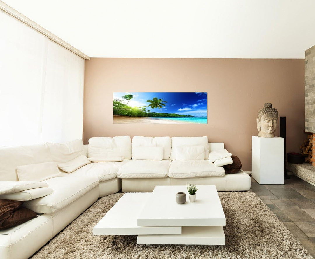 Panoramabild auf Leinwand und Keilrahmen 150x50cm Seychellen Meer Strand Palmen Abendsonne