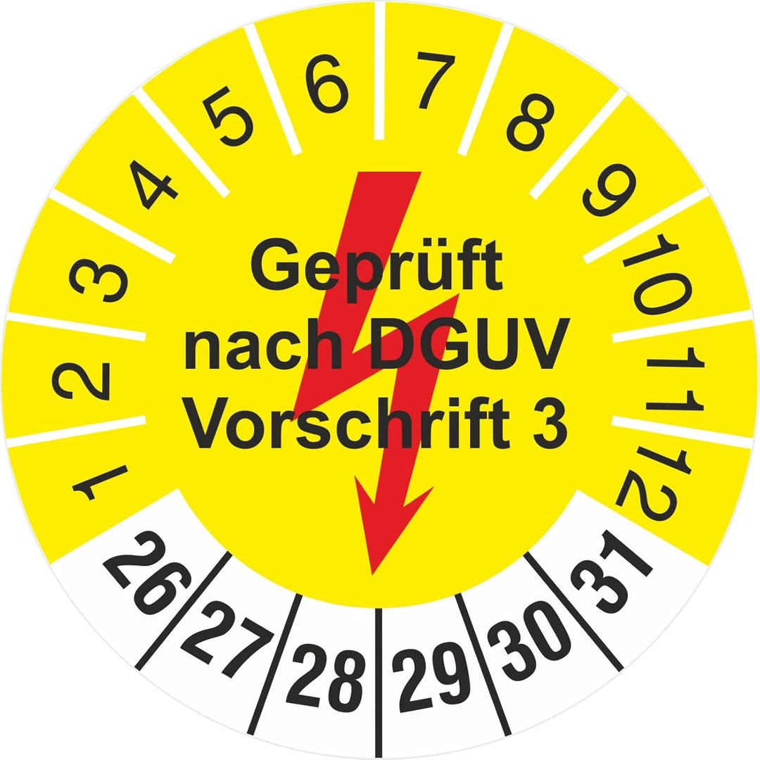 200 Stück 18 mm gelb geprüft nach DGUV Vorschrift 3 mit Blitz Prüfetiketten Prüfplakette 2022-27 200
