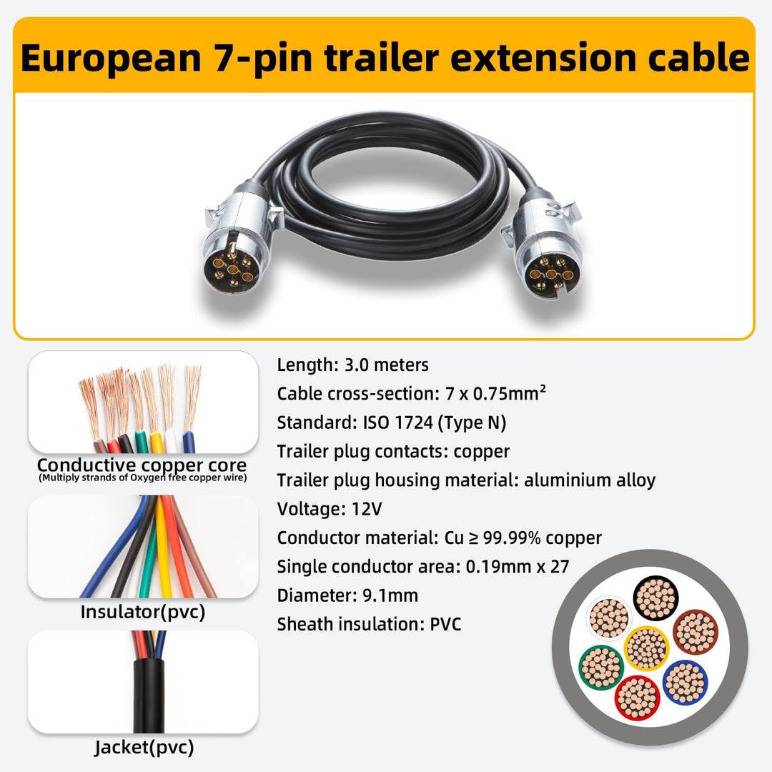7 polig Anhängerkabel 3,0m, 7-7 polig Anhänger Stecker aus Aluminium ISO 1724-12V, Anhänger Verlänge