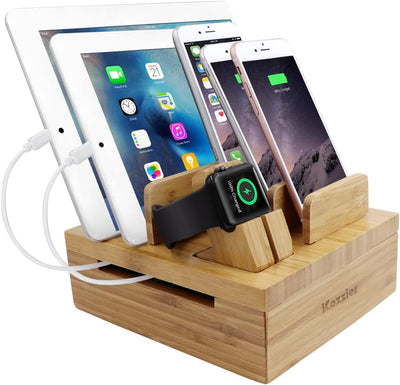 iCozzier Bambus 5-Slot Ladestation Tablet und Kabel Organizer Ständer Dock für Apple Watch, iPhone,