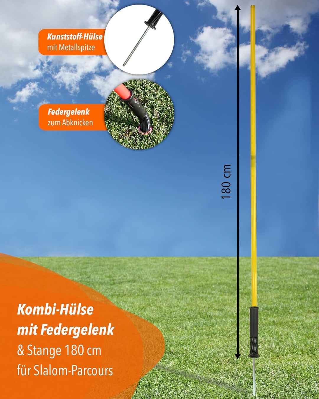 Kombi-Hülse aus Kunststoff mit Kippgelenk & Slalomstange 180 cm – 4er Set – Stange für Slalom & Koor