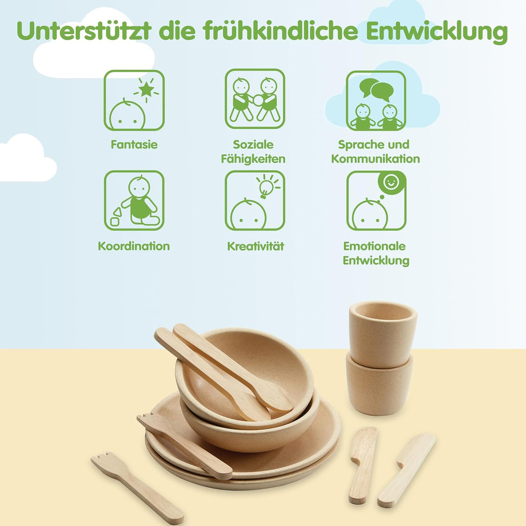 PlanToys Geschirr-Set - Kinderküche Zubehör - Geschirrset aus Holz - Holzspielzeuge 2 Jahre - Set Te