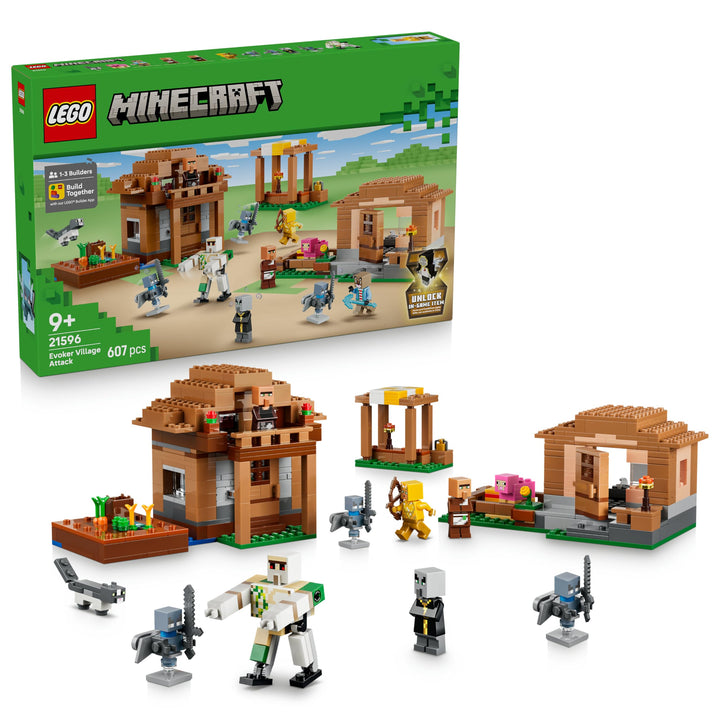 LEGO Minecraft Angriff des Magiers auf das Dorf - Modell mit Garten - 11 Figuren inkl. Maurer & Eise