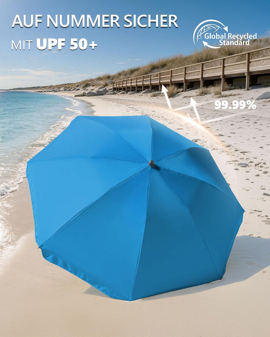 4smile Sonnenschirm Strand Ø 180 cm mit Eindrehbodenhülse, Blau | Strandschirm windfest stabil mit E