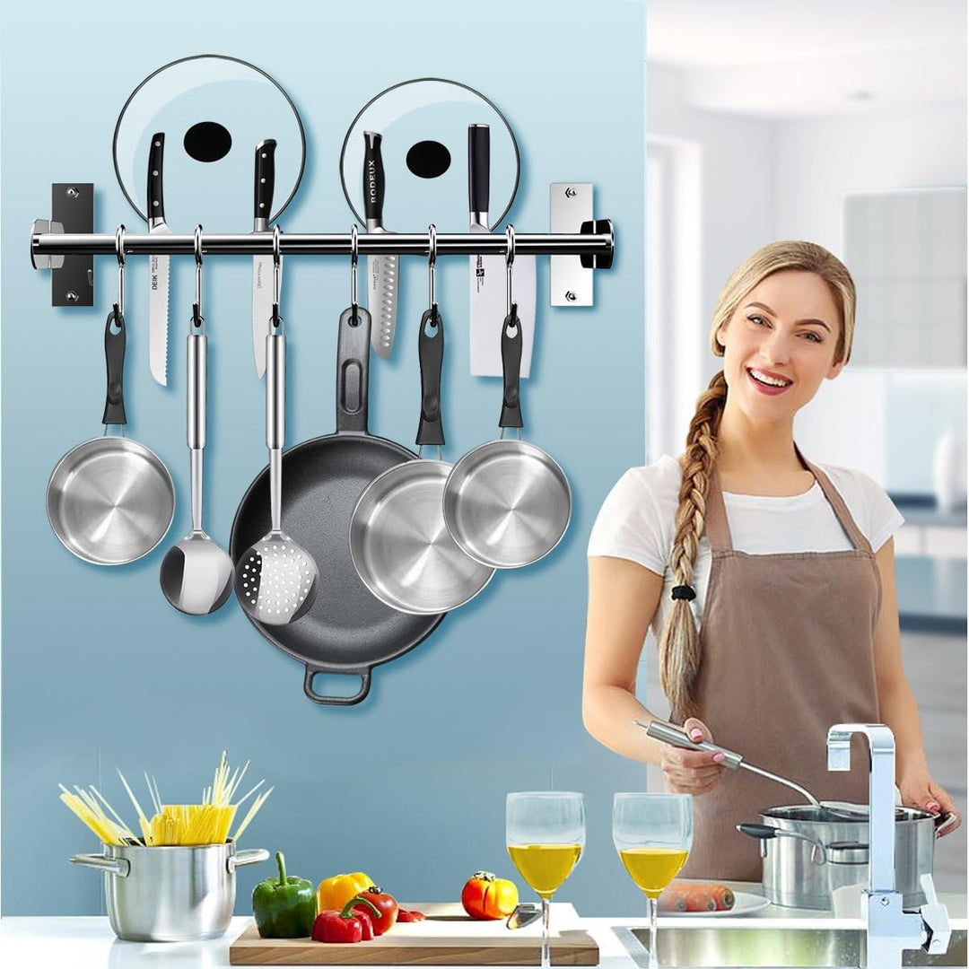 Hängeleiste Küchenreling, Küchenhakenleiste 6 Haken mit Messerhalter und Topfdeckel Halter, Edelstah