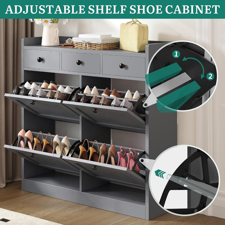 YITAHOME Schuhschrank mit 4 Klappen, Schuhregal Schuhkipper Schmal, Schuhregal mit 8 Ablageflächen V