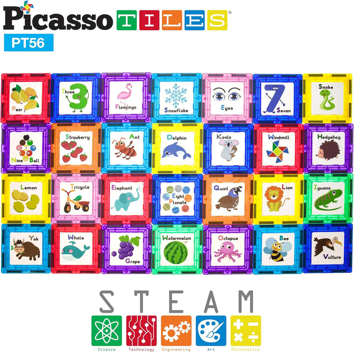 PicassoTiles Magnetische Bausteine mit Kacheln und pädagogischen Grafiken zum Einklicken, Magnet-K