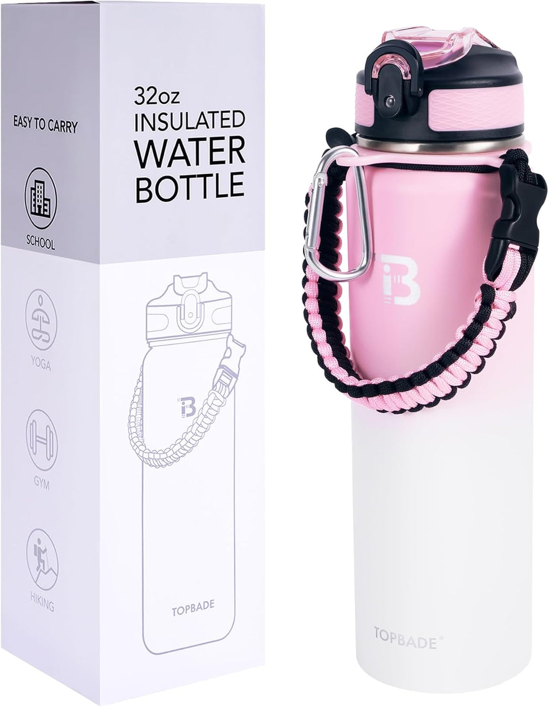 TOPBADE Trinkflasche Edelstahl 1L mit Strohhalm Deckel und Chug, 1000ml Auslaufsichere Doppelwand Wa