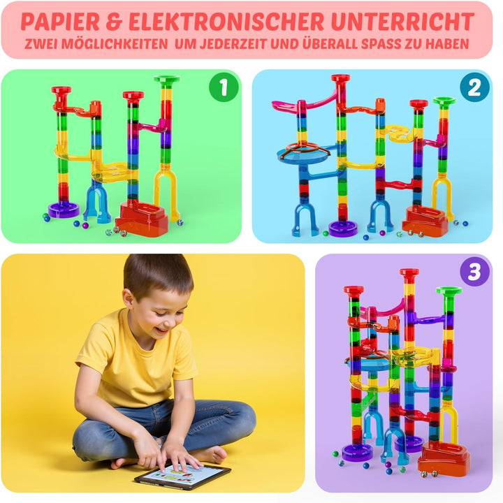 Murmelbahn Logikspiele Mehrfarbige kugelbahn 109 Stück transparent Bahnelementen und murmeln STEM Ma