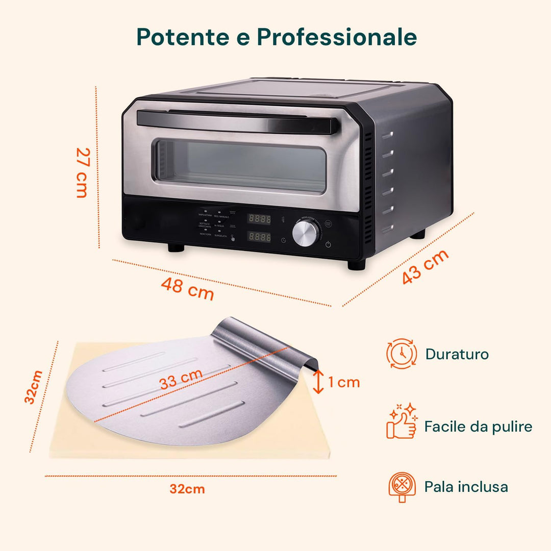 Avilia - Elektrischer Pizzaofen 400 °C mit Digitalanzeige und 6 Kochprogrammen, inklusive Pizzaschau