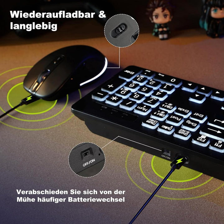 2,4-GHz Kabellose Beleuchtete Tastatur &amp; Maus Set, QWERTZ | 3 Helligkeitsstufen, Sanfte weisse Hinte