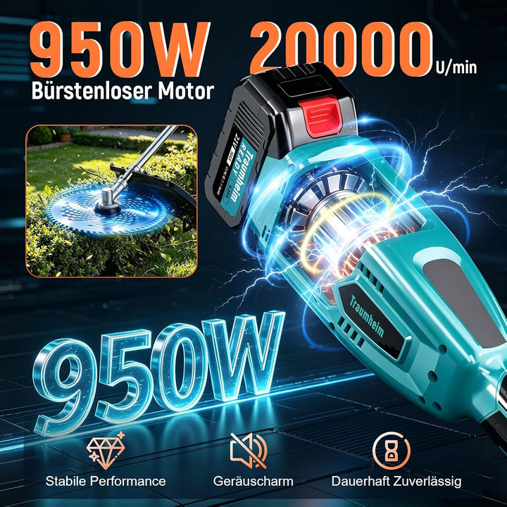Rasentrimmer mit Akku, 4-in-1 Akku Rasentrimmer für Makita-Akkus, 950W Bürstenloser Motorsense mit 1