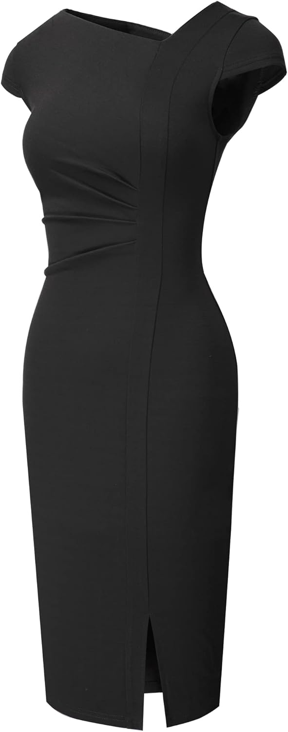 HOMEYEE Damen Vintage V-Ausschnitt Bodycon Business Bleistiftkleid mit Schlitz B700 L Schwarz, L Sch