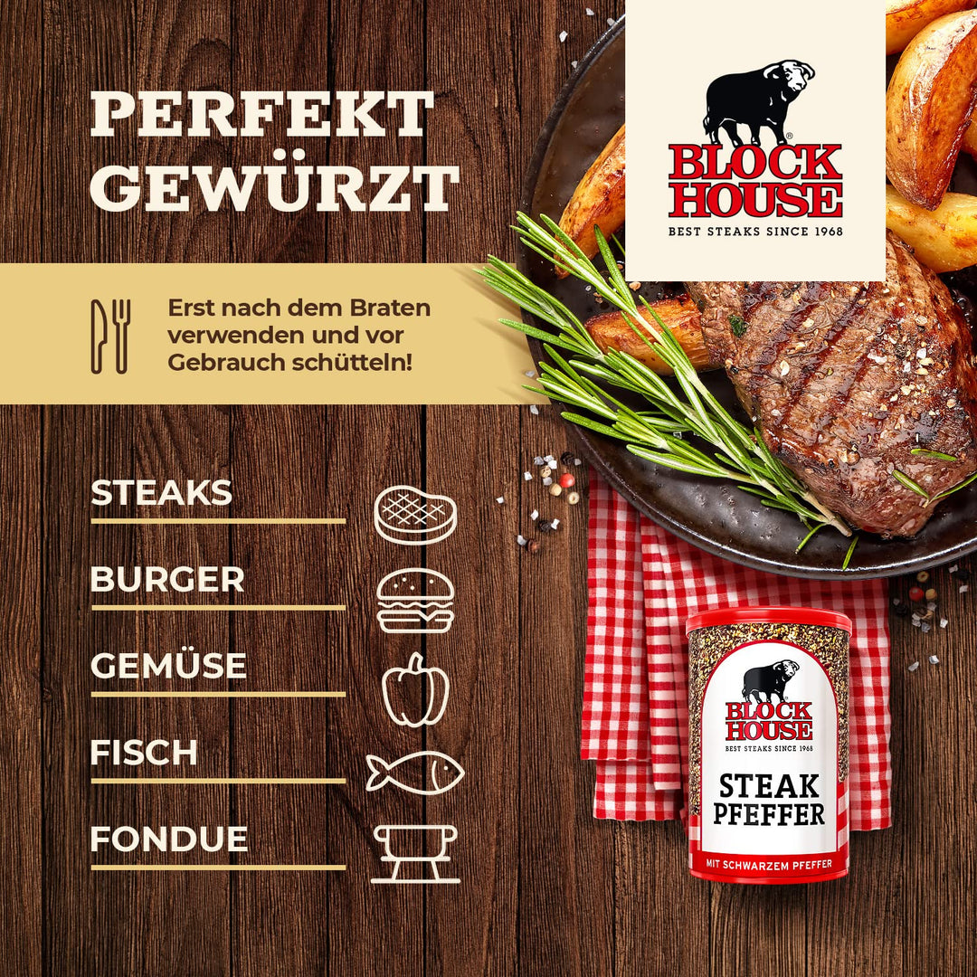 Block House Steak Pfeffer mit schwarzem Pfeffer 3x 200g - Gewürzmischung in Restaurantqualität 200 g