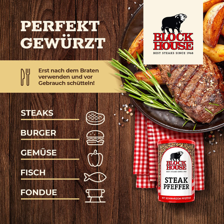 Block House Steak Pfeffer mit schwarzem Pfeffer 3x 200g - Gewürzmischung in Restaurantqualität 200 g