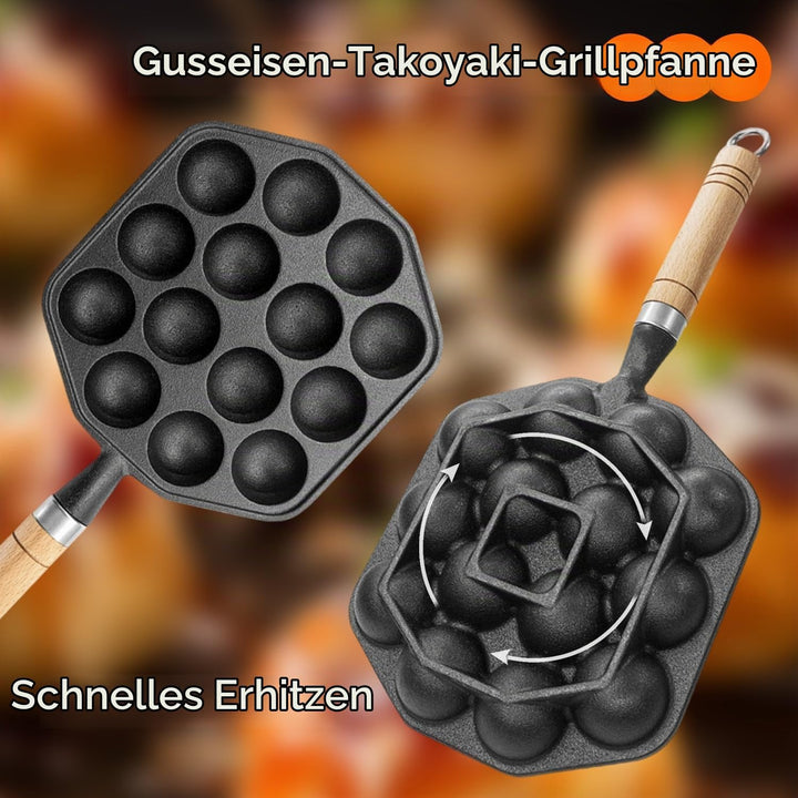 Tissting Takoyaki Pfanne Grillpfanne 14 Löcher 3,6cm Loch Antihaft Gusseisen Oktopus Pan mit Abnehmb