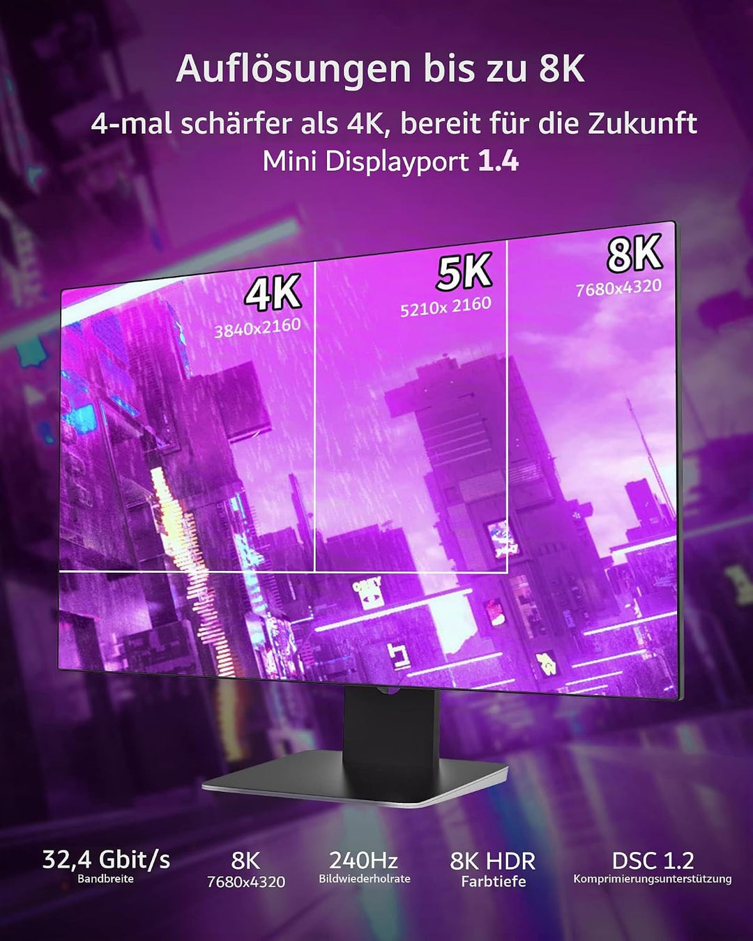 Silkland Mini DP auf DP 1.4 Kabel 3m 8K@60Hz 4K@144Hz, Thunderbolt 2 Kabel mit HDR HBR3 DSC1.2 G-Syn