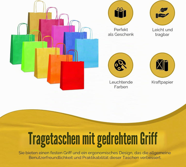 Thepaperbagstore 30 Regenbogen Kleine Papiertüten mit Henkel 18 x 22 x 8 cm | Farbige, recycelbare K