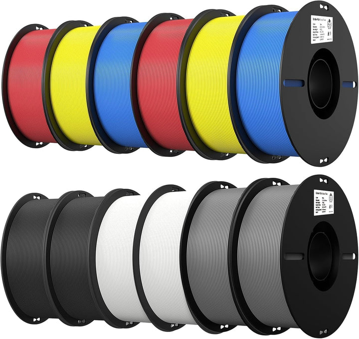 Creality Ender PLA Filament 12er-Pack 1,75mm – Je 2× Schwarz, Weiss, Grau, Blau, Rot, Gelb – Für 3D-