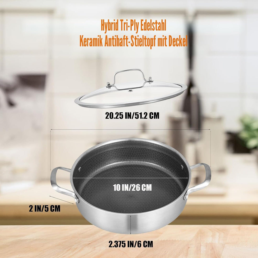 Inqibee Schmorpfanne 24 cm Hoher Rand, Schmortopf mit Deckel 2.8L, Edelstahl 18/10 antihaftbeschicht
